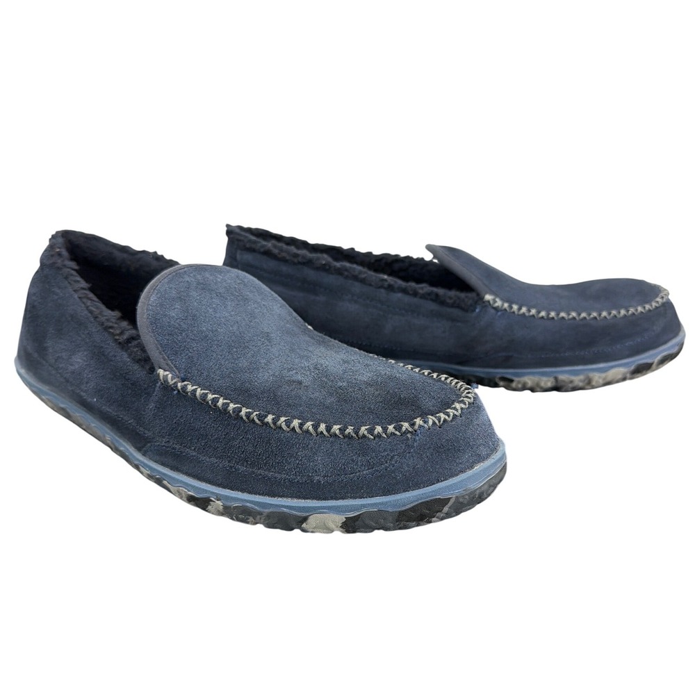 LL Bean Mens Mountain Blue Suede Moccasin Slippers Camo Sole 301052 Size 12